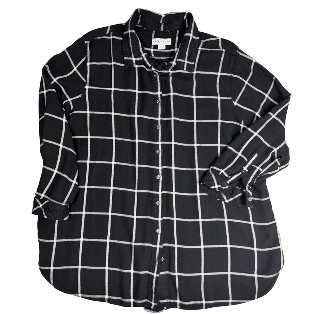 Ava & Viv Womens 2X Black White Windowpane Plaid Button Down Rayon Shirt Blouse